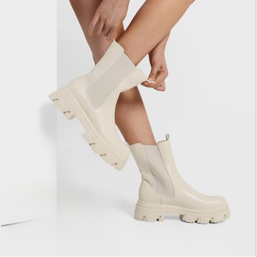 Dream Pairs Women's Platform Mid Calf Chelsea Boots- Beige Pu